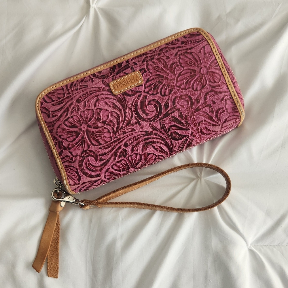 Consuela Embossed Floral Wristlet - Pink and Tan
